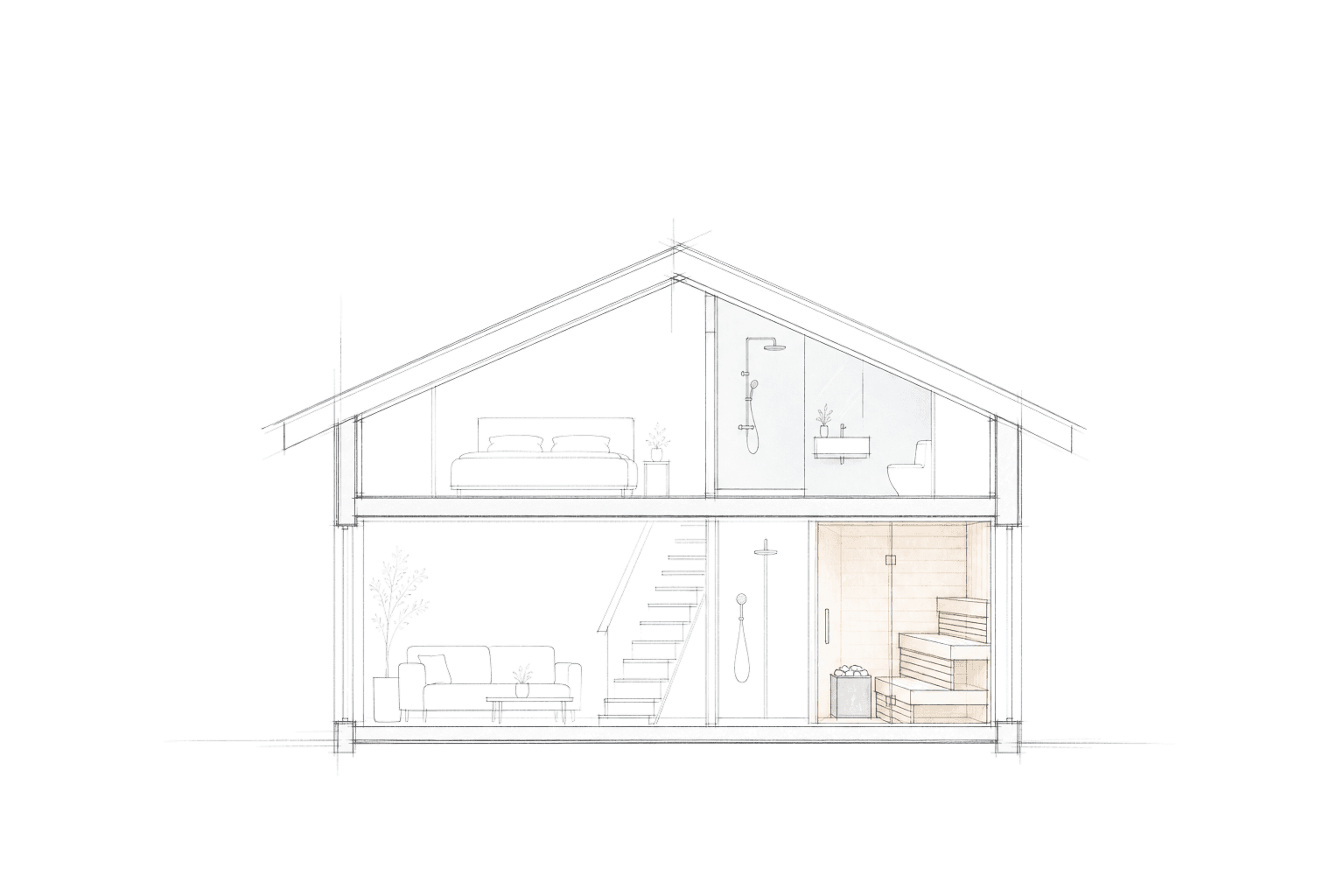 Minimalist architectural section of the two-storey Romantic Wellness B&B summer house, with living room and private Finnish sauna downstairs and bedroom and bathroom upstairs.